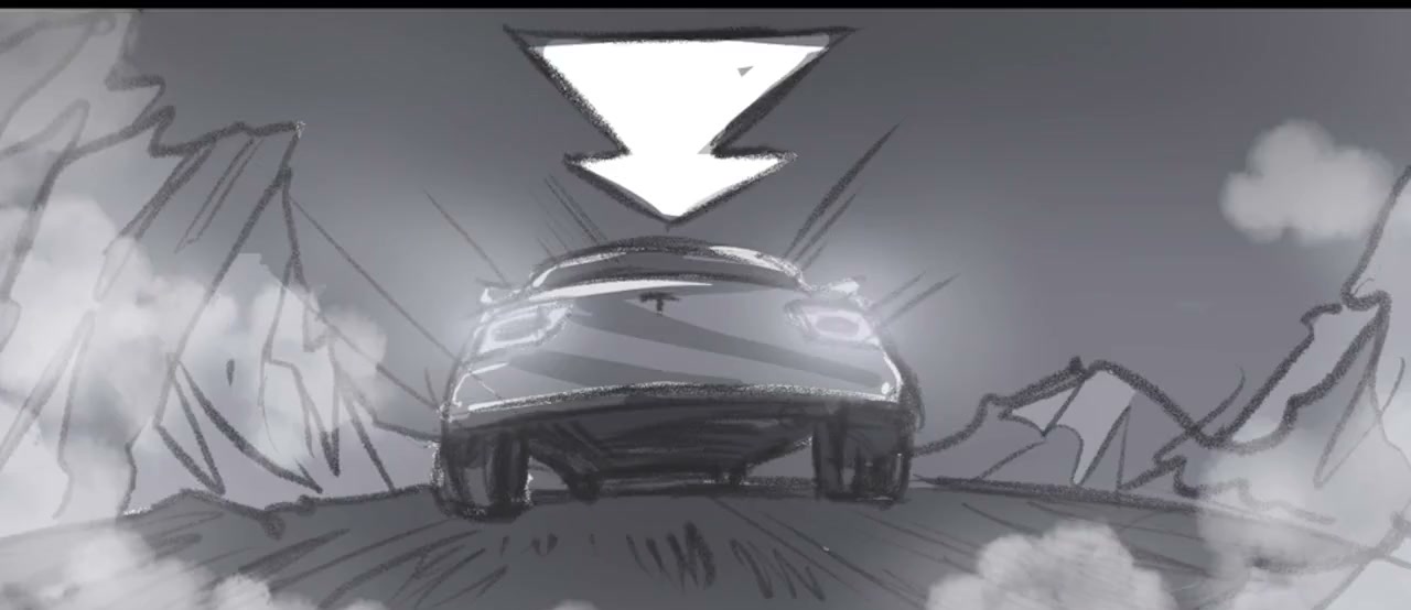 Storyboard: Tesla ascending a misty mountain road