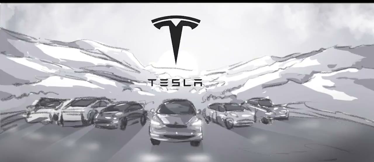 Storyboard: full Tesla fleet with logo, finale