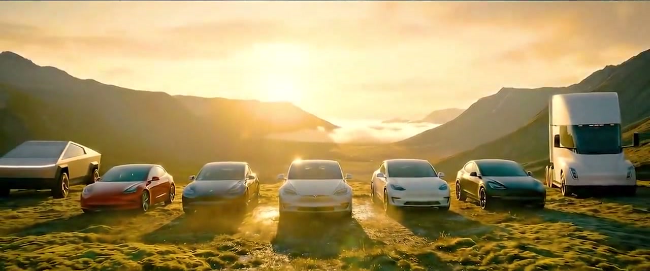 Final frame: full Tesla fleet with logo, finale