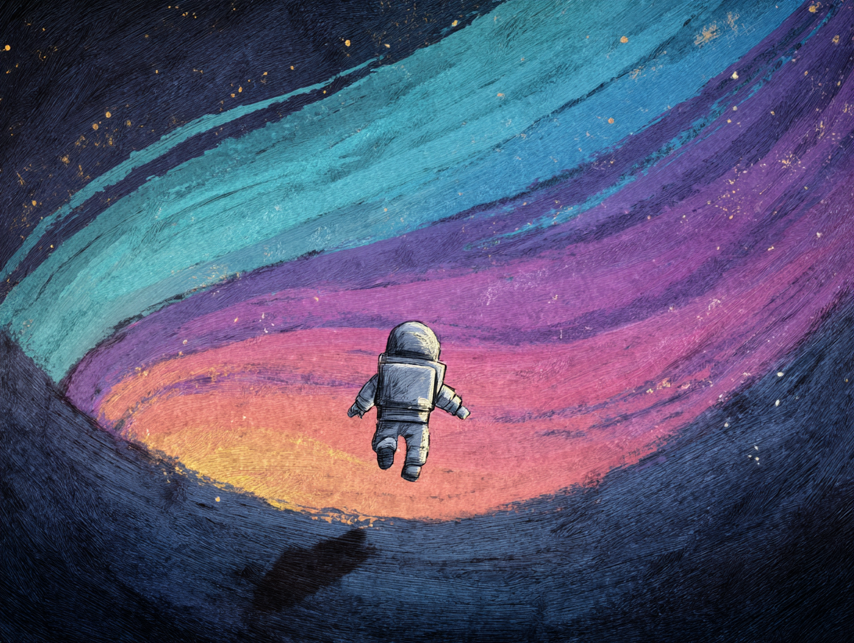 A small astronaut drifts through a swirling aurora of color on a painterly alien world