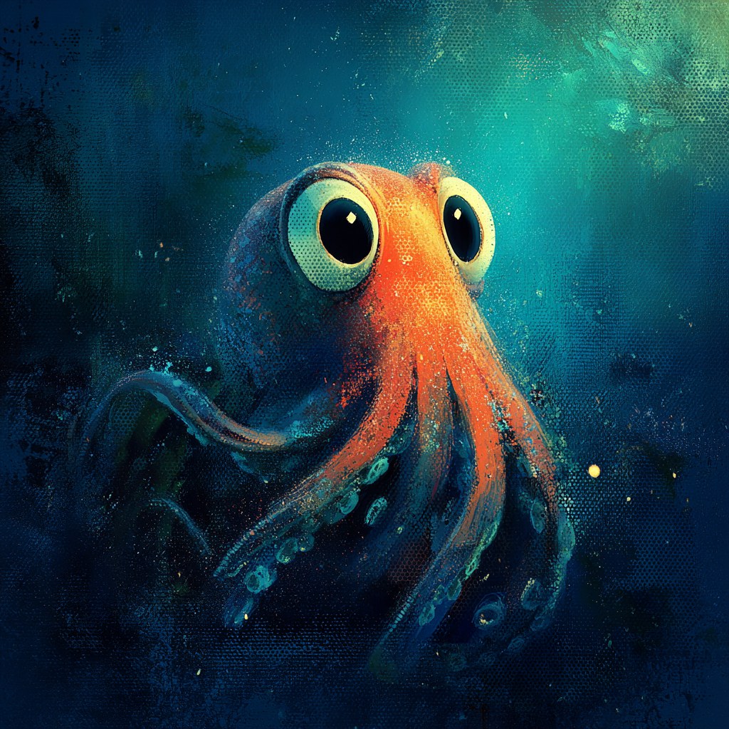 A wide-eyed orange octopus glows in bioluminescent deep ocean light