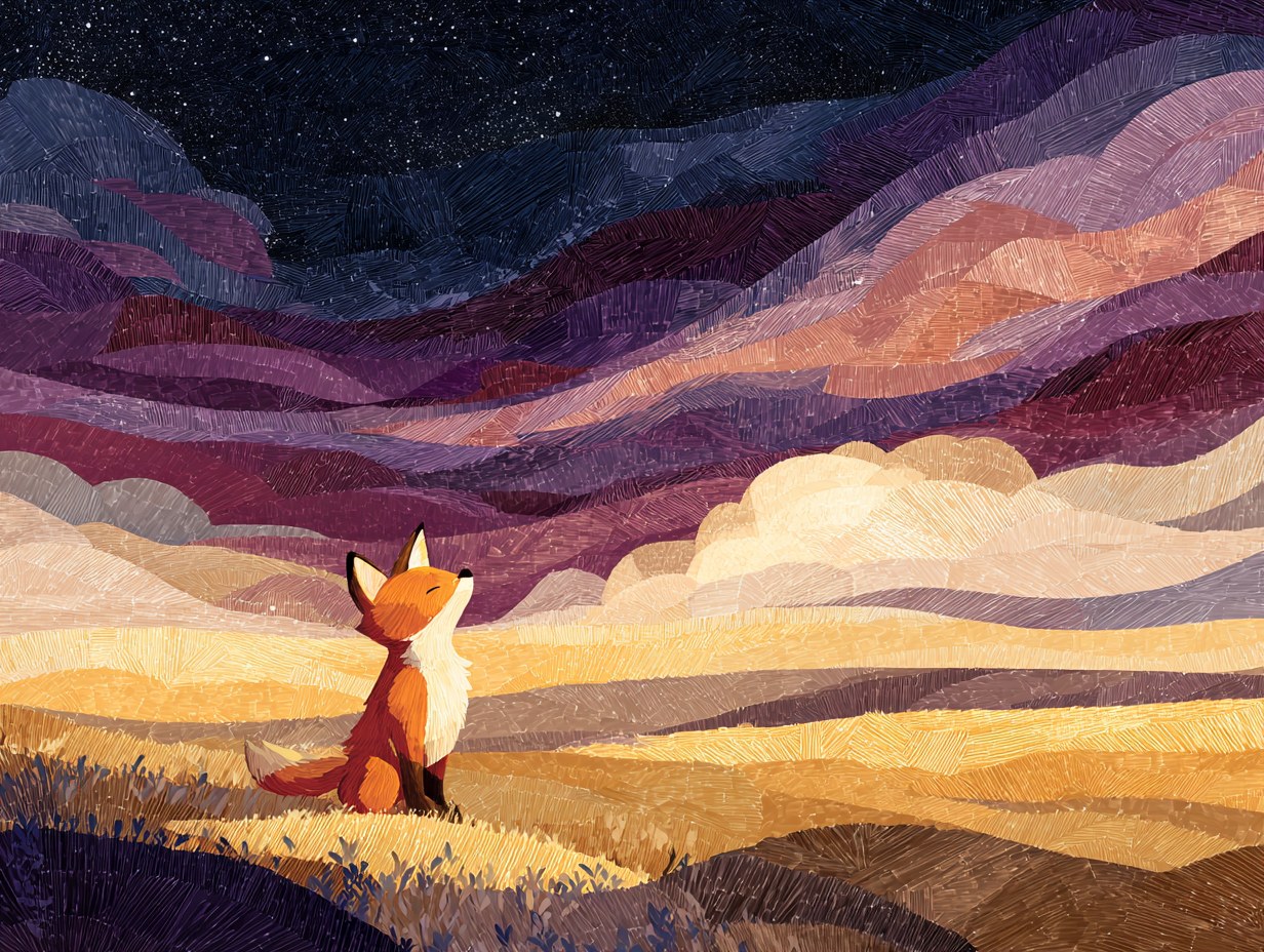 Pip, a small curious fox, gazes at a painterly patchwork sky