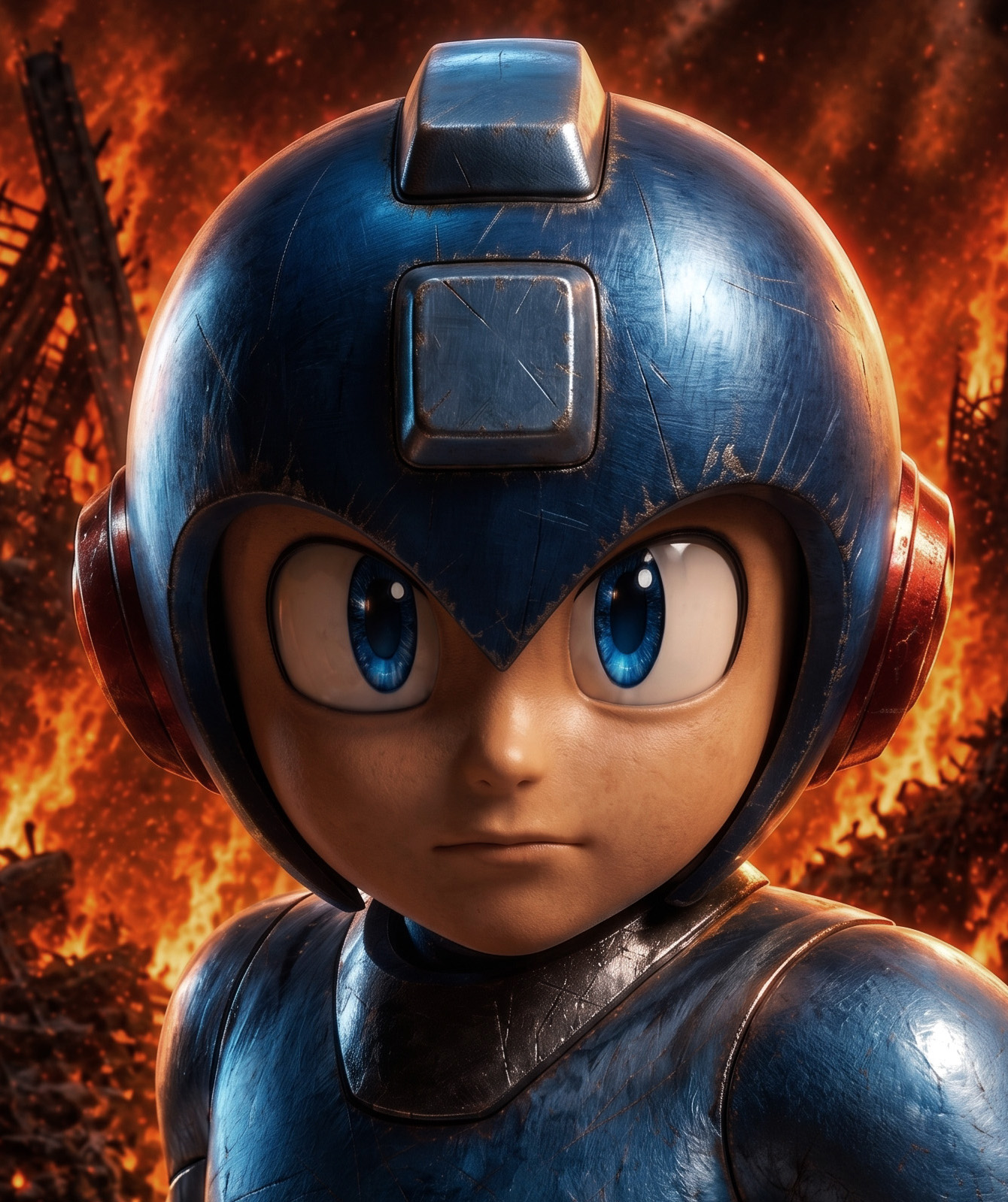 Mega Man close-up — rusted armor, buster raised