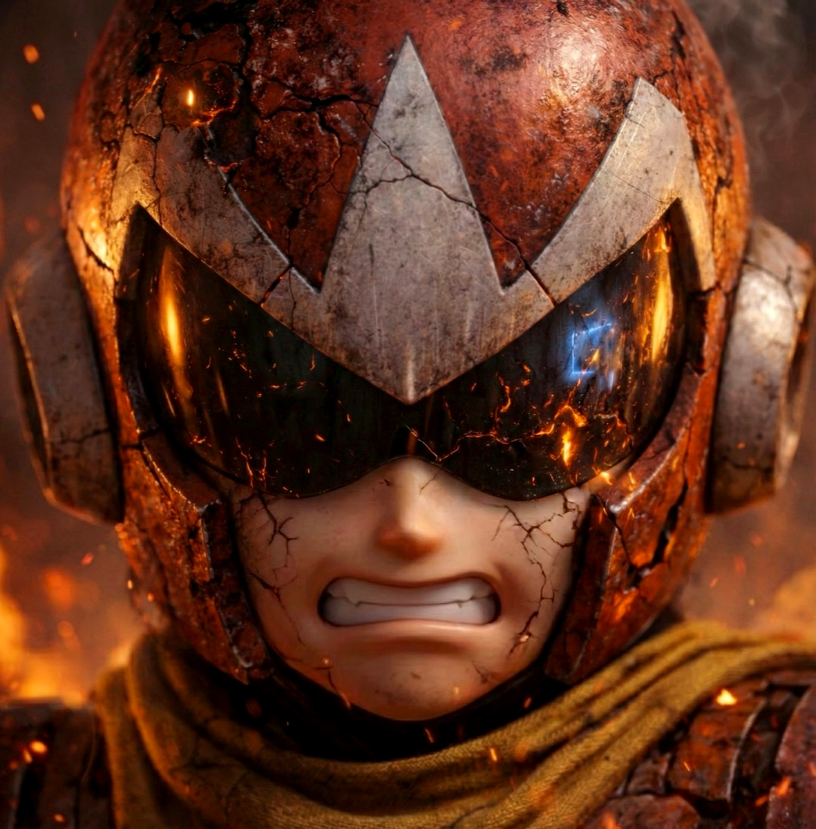 Proto Man close-up — cracked helmet, gritted teeth